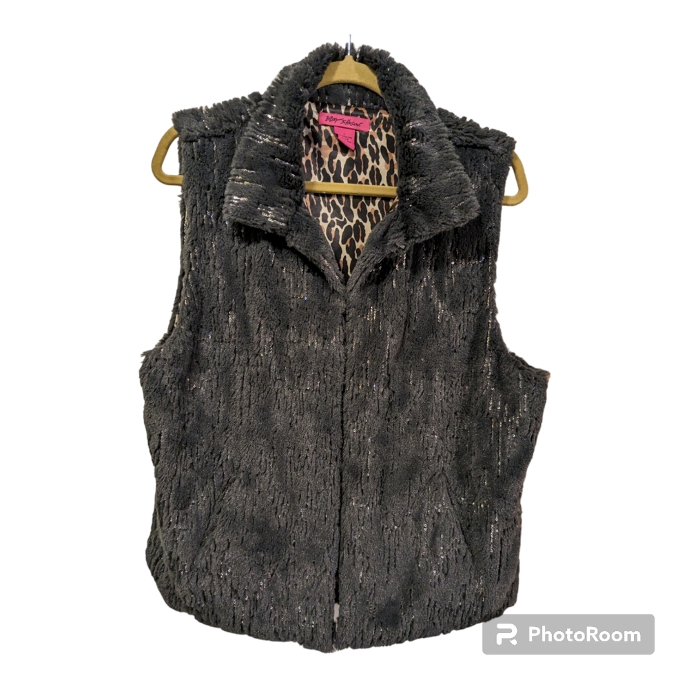 Betsey Johnson Gray Faux Fur and Silver Sequins Holiday Vest Size Large